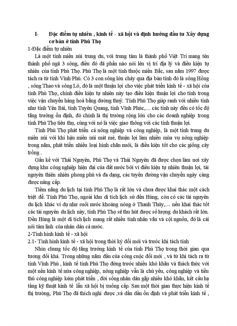 Đặc điểm tự nhiên kinh tế xã hội và định hướng đầu tư Xây dựng cơ bản ở tỉnh Phú Thọ