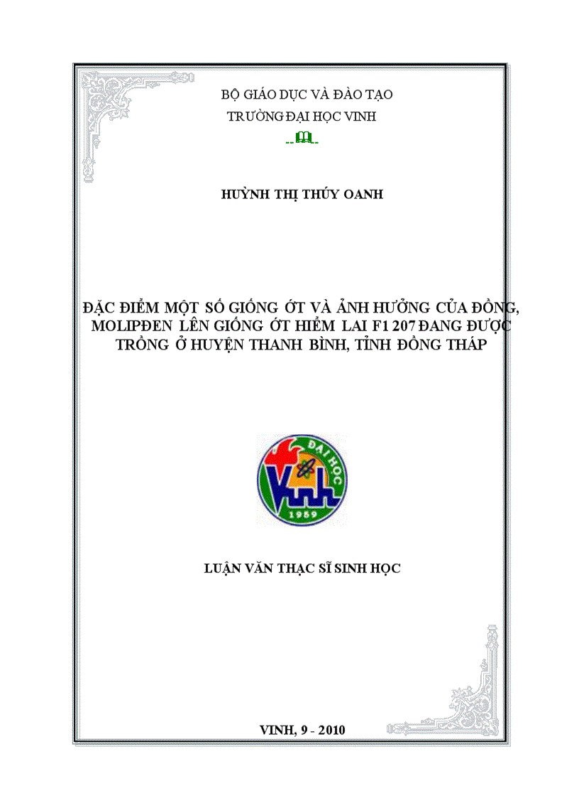 Đặc điểm một số giống ớt và ảnh hưởng của đồng molipđen lên giống ớt hiểm lai f1 207 đang được trồng ở huyện thanh bình tỉnh đồng tháp