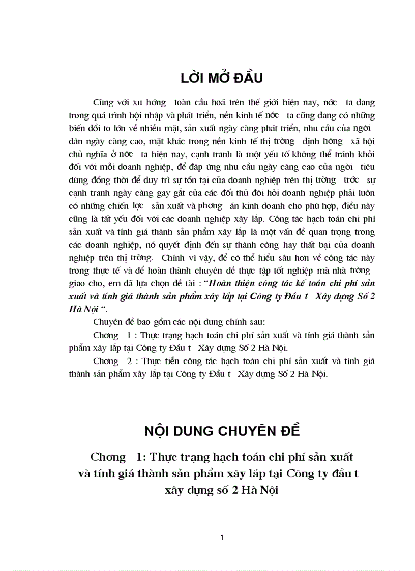 Hoàn thiện công tác kế toán Chi phí sản xuất và tính giá thành sản phẩm xây lắp tại Công ty xây dựng số 2 Hà Nội