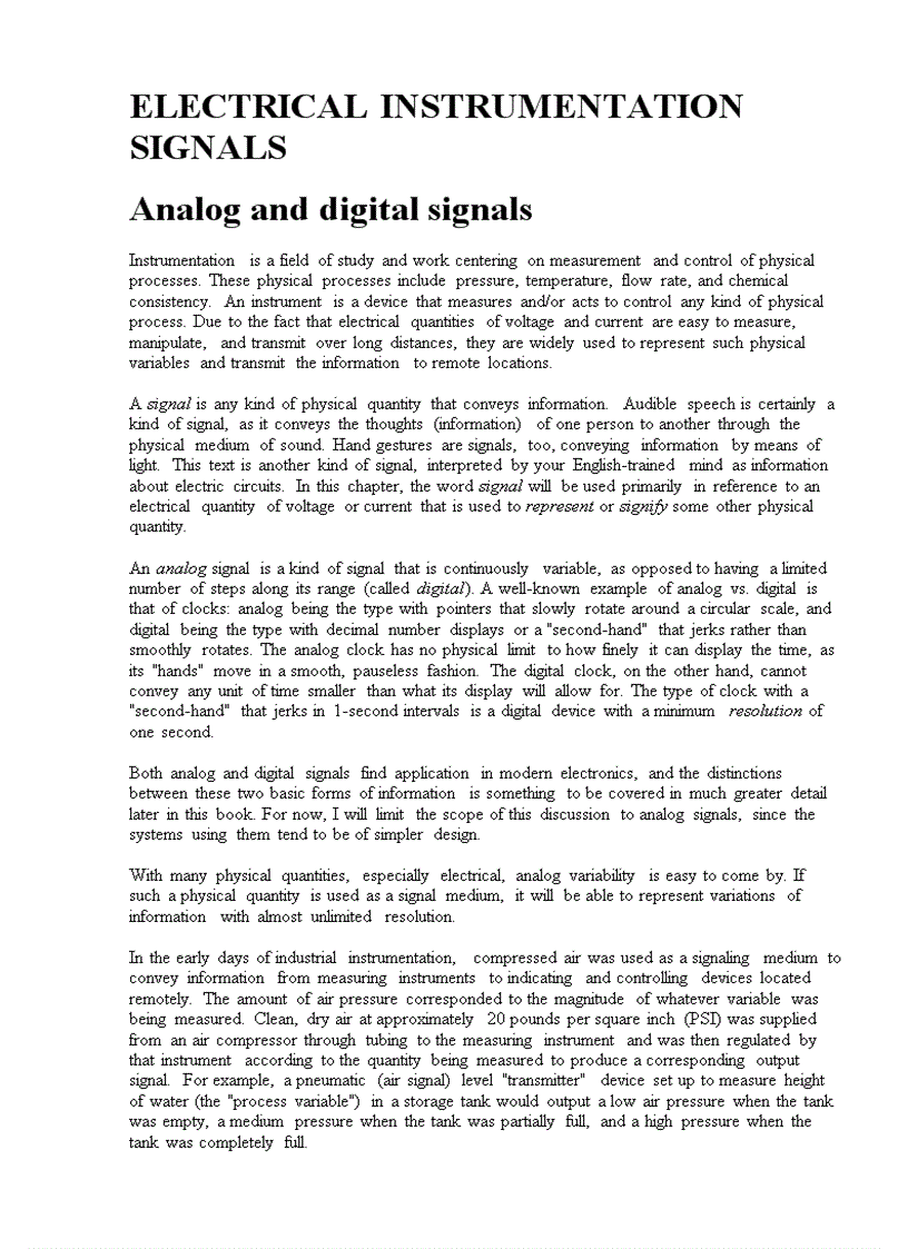 Electrical instrumentation signals