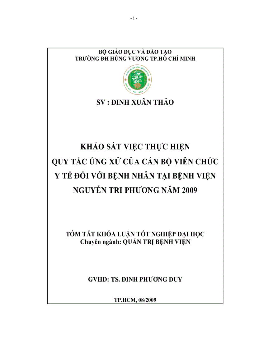 Đề cương Khảo sát việc thực hiện quy tắc ứng xử của cán bộ viên chức y tế đối với bệnh nhân tại bệnh viện nguyến tri phương năm 2009