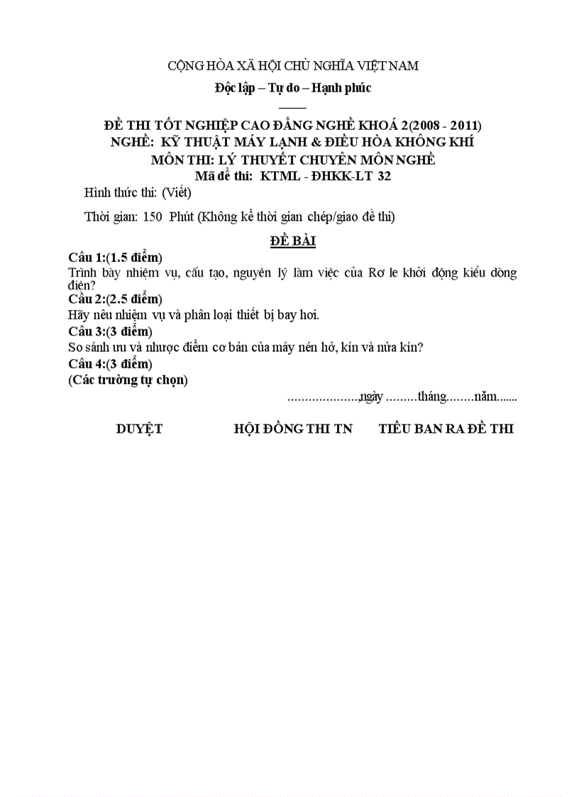 Đề thi tốt nghiệp cao đẳng nghề khóa 2 2008 2011 kĩ thuật máy lạnh và điều hòa không khí Lí thuyết Tình huống hướng dẫn giải 32 1