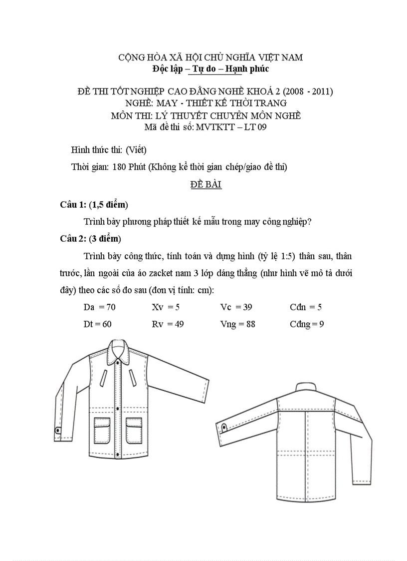Đề thi tốt nghiệp cao đẳng nghề khóa 2 2008 2011 Thiết kế thời trang Lí thuyết thực hành Hướng dẫn giải 09 1