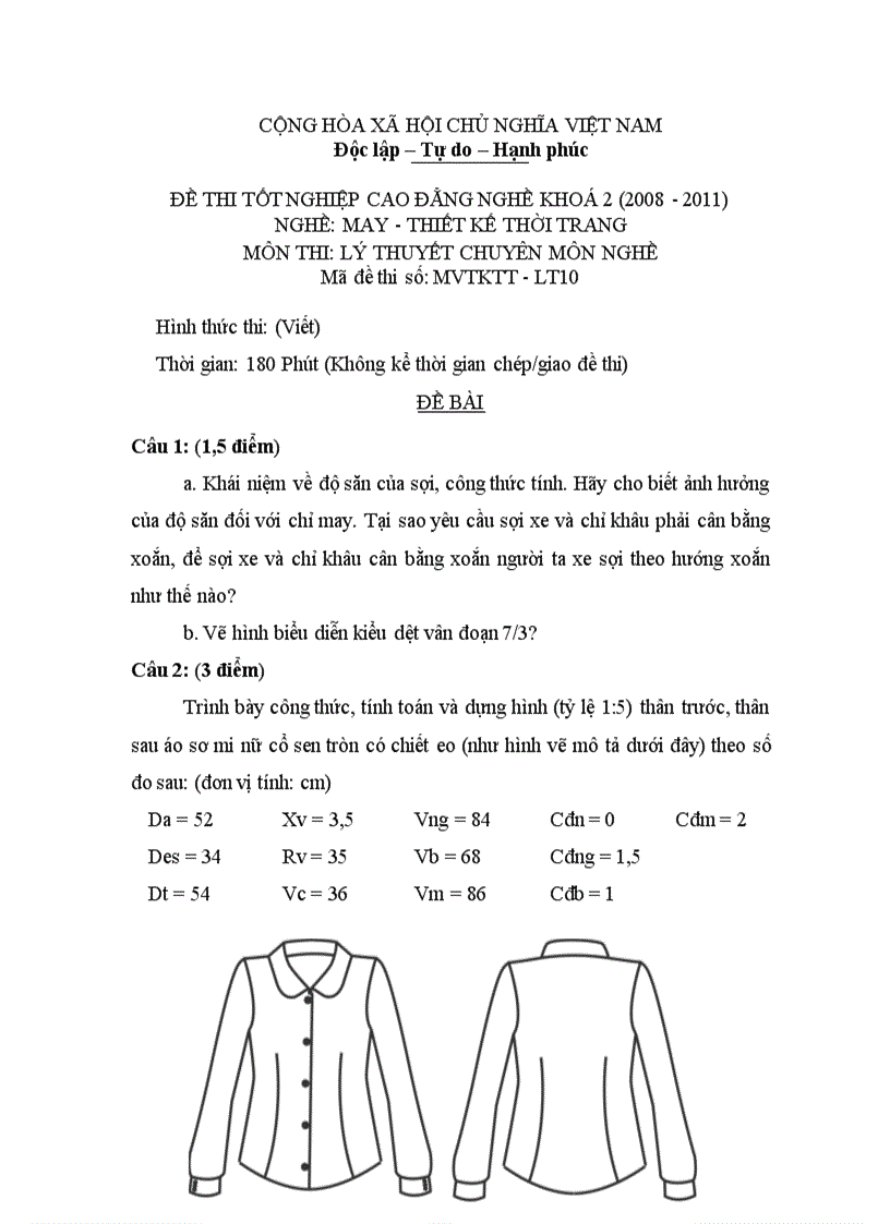 Đề thi tốt nghiệp cao đẳng nghề khóa 2 2008 2011 Thiết kế thời trang Lí thuyết thực hành Hướng dẫn giải 10 1