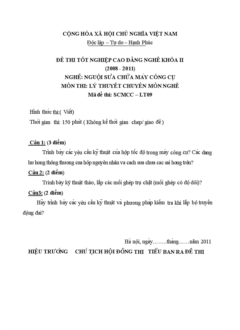 Đề thi tốt nghiệp cao đẳng nghề khóa 2 2008 2011 Nguôi sửa chữa máy công cụ Lí thuyết Tình huống hướng dẫn giải 09 2
