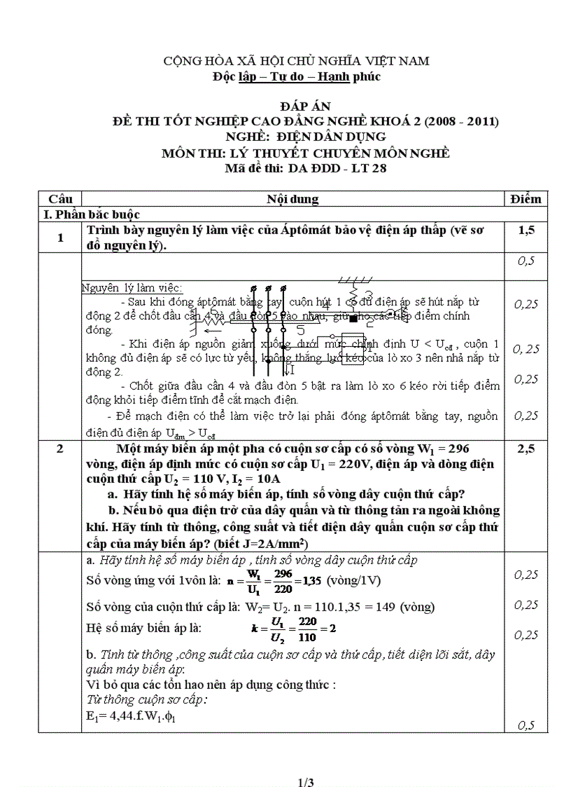 Đề thi tốt nghiệp cao đẳng nghề khóa 2 2008 2011 lý thuyết điện dân dụng lt28