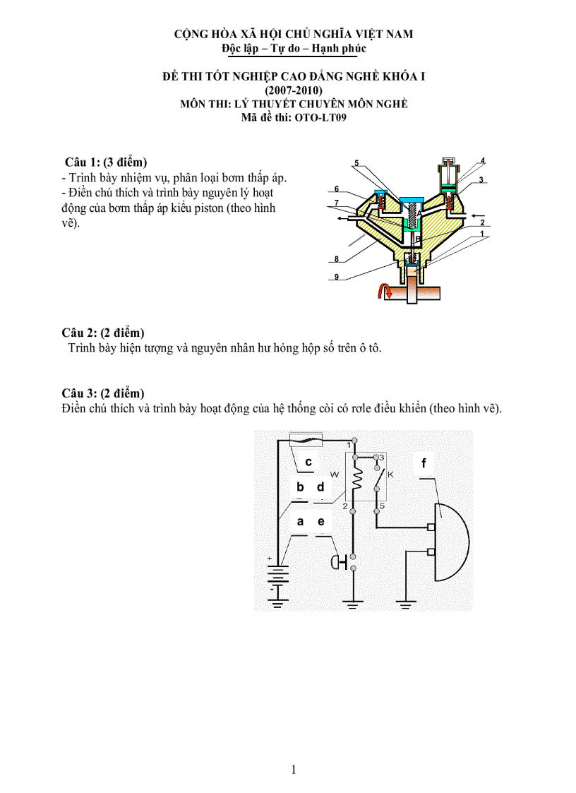 Đề thi lý thuyết công nghệ ô tô 9