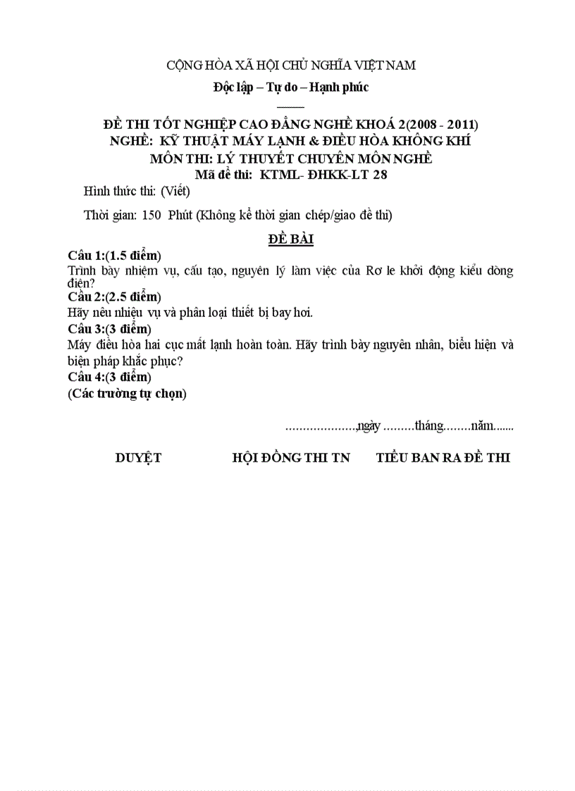 Đề thi tốt nghiệp cao đẳng nghề khóa 2 2008 2011 kĩ thuật máy lạnh và điều hòa không khí Lí thuyết Tình huống hướng dẫn giải 28 1