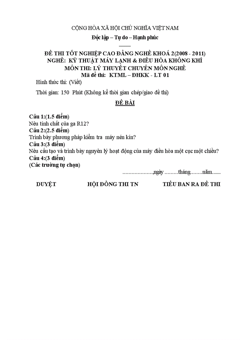 Đề thi tốt nghiệp cao đẳng nghề khóa 2 2008 2011 kĩ thuật máy lạnh và điều hòa không khí Lí thuyết Tình huống hướng dẫn giải 01 1