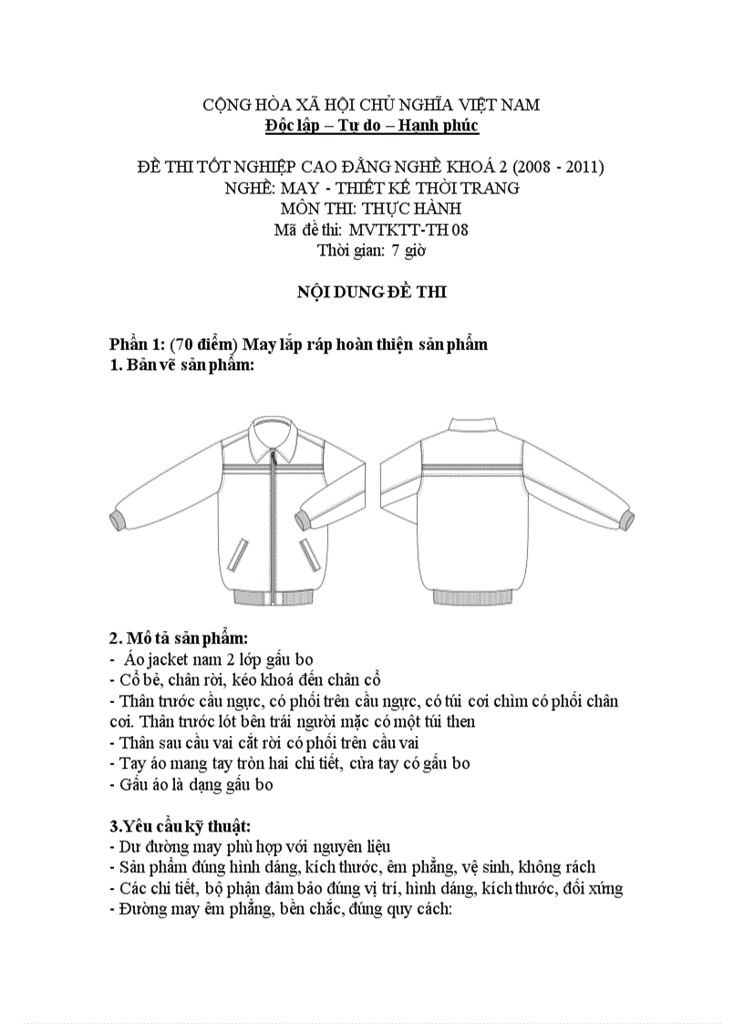 Đề thi tốt nghiệp cao đẳng nghề khóa 2 2008 2011 Thiết kế thời trang Lí thuyết thực hành Hướng dẫn giải 08 2