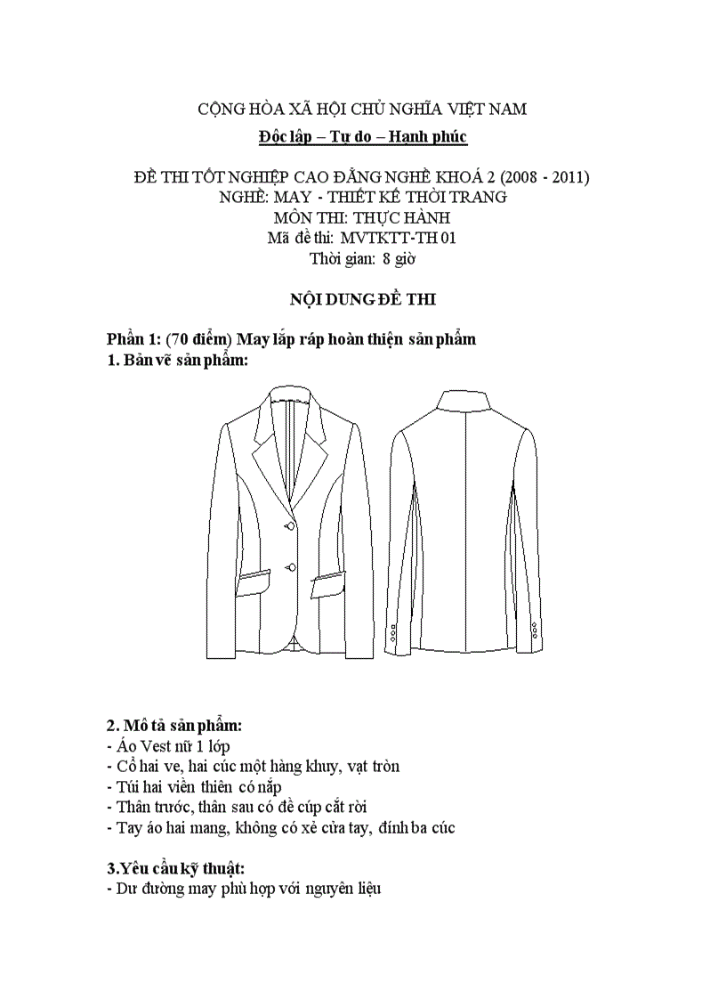 Đề thi tốt nghiệp cao đẳng nghề khóa 2 2008 2011 Thiết kế thời trang Lí thuyết thực hành Hướng dẫn giải 01 2