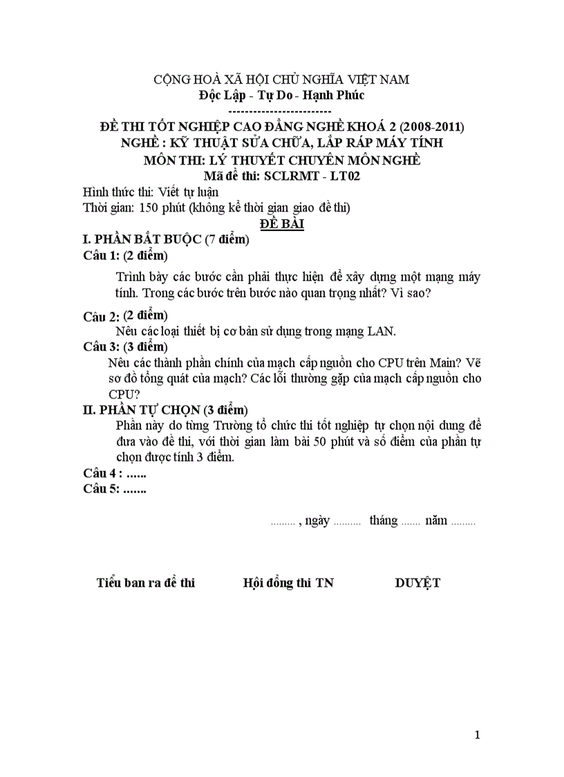 Đề thi tốt nghiệp cao đẳng nghề khoá 2 2008 2011 nghề Kỹ thuật sửa chữa lắp ráp máy tính môn thi Lý thuyết chuyên môn nghề có đáp án 02 1
