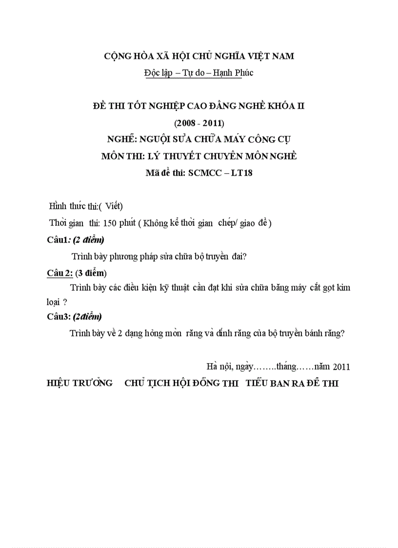 Đề thi TNCĐ nghề nguội sửa chữa máy công cụ 2008 2011 lí thuyết thực hành hướng dẫn giải 18 2