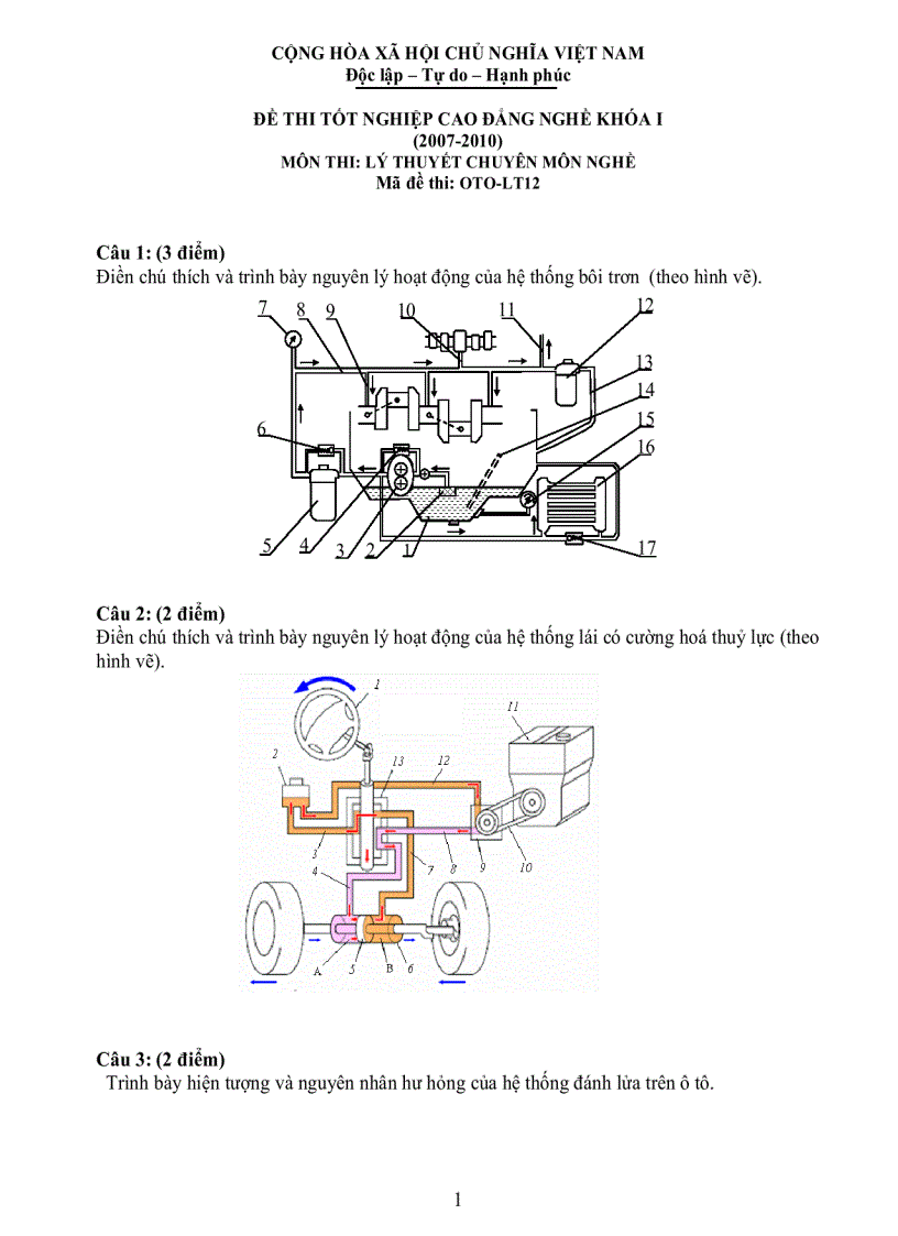 Đề thi lý thuyết công nghệ ô tô 12