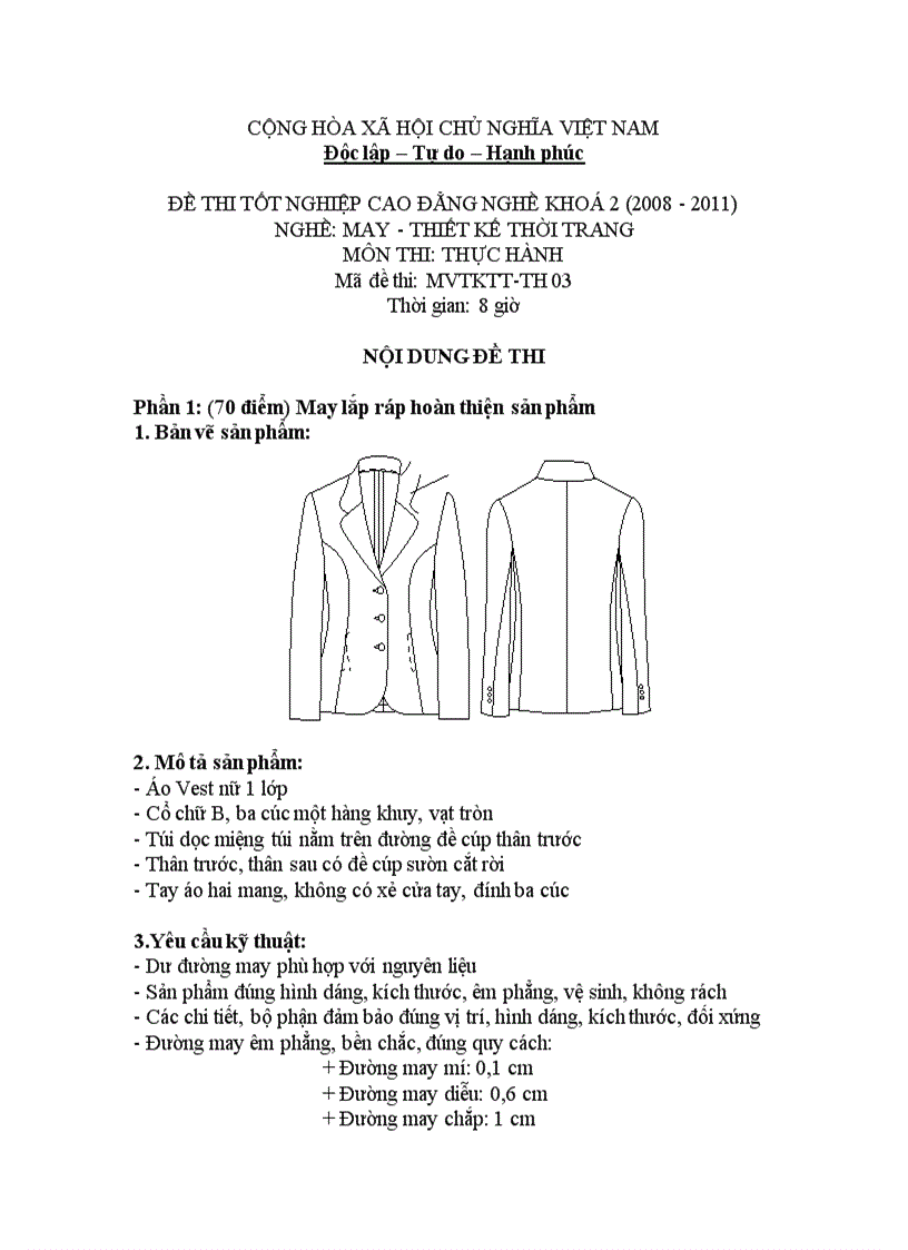 Đề thi tốt nghiệp cao đẳng nghề khóa 2 2008 2011 Thiết kế thời trang Lí thuyết thực hành Hướng dẫn giải 03 2