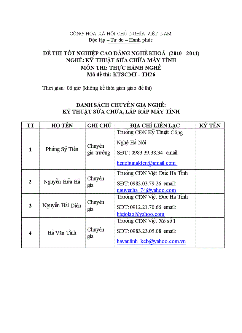 Đề thi tốt nghiệp cao đẳng nghề khóa 2 2008 2011 Kĩ thuật sửa chữa lắp ráp máy tính có đáp án 26