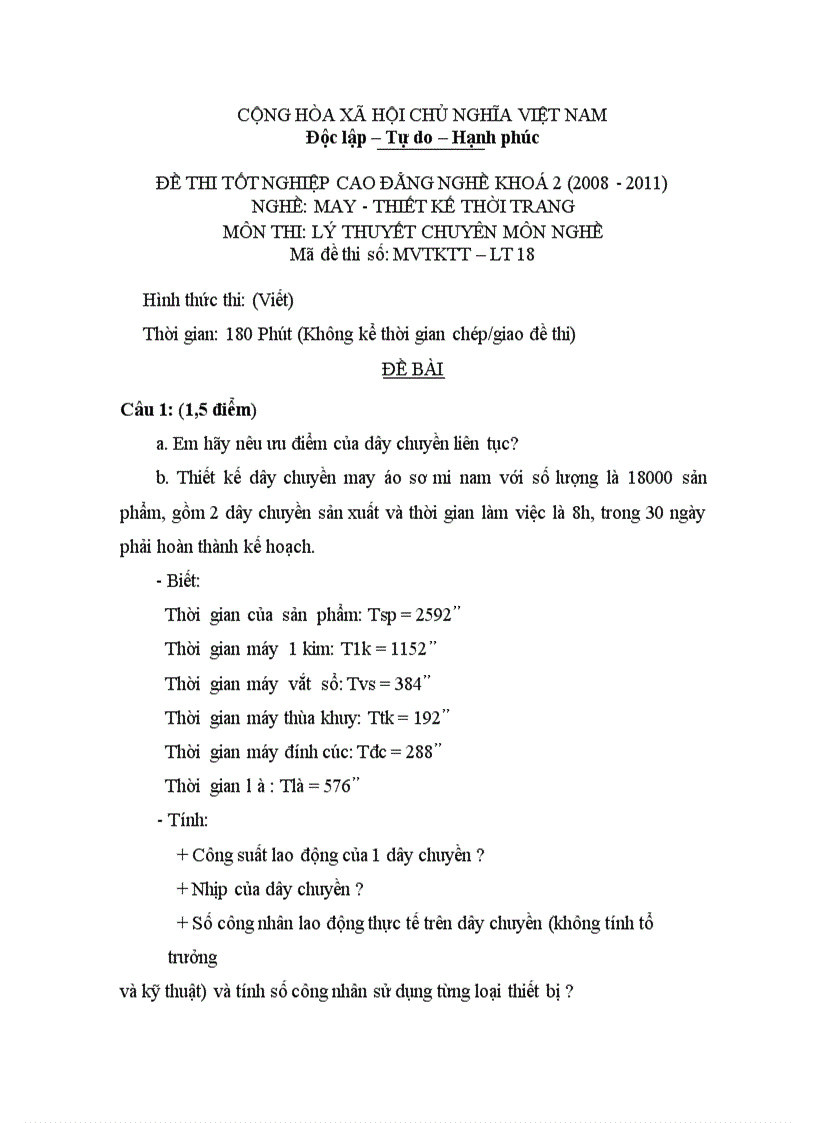 Đề thi tốt nghiệp cao đẳng nghề khóa 2 2008 2011 May thiết kế thời trang Lí thuyết thực hành Hướng dẫn giải 18 1