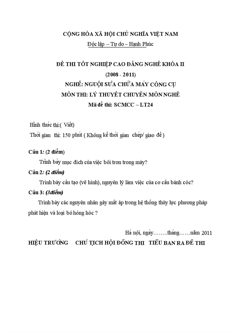 Đề thi TNCĐ nghề nguội sửa chữa máy công cụ 2008 2011 lí thuyết thực hành hướng dẫn giải 24 2