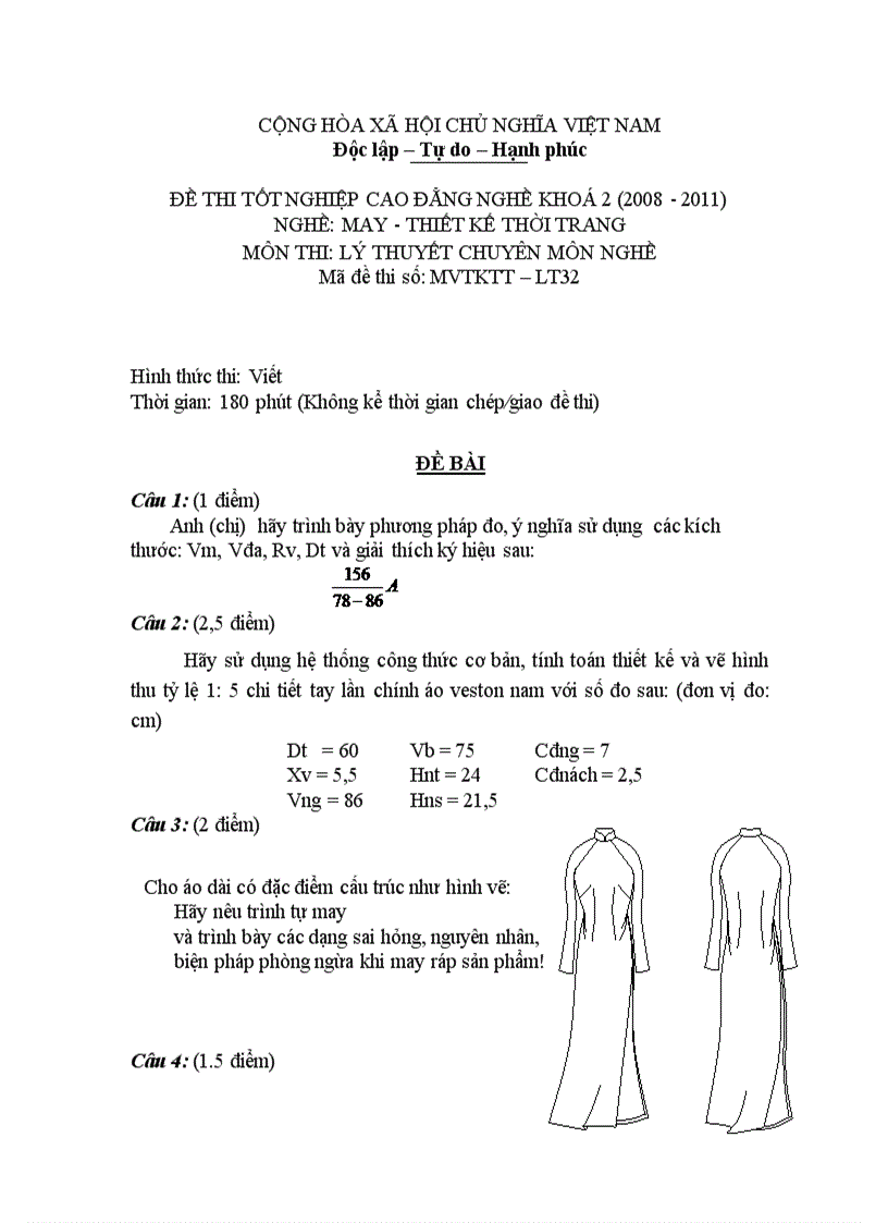 Đề thi tốt nghiệp cao đẳng nghề khóa 2 2008 2011 May thiết kế thời trang Lí thuyết thực hành Hướng dẫn giải 32 1