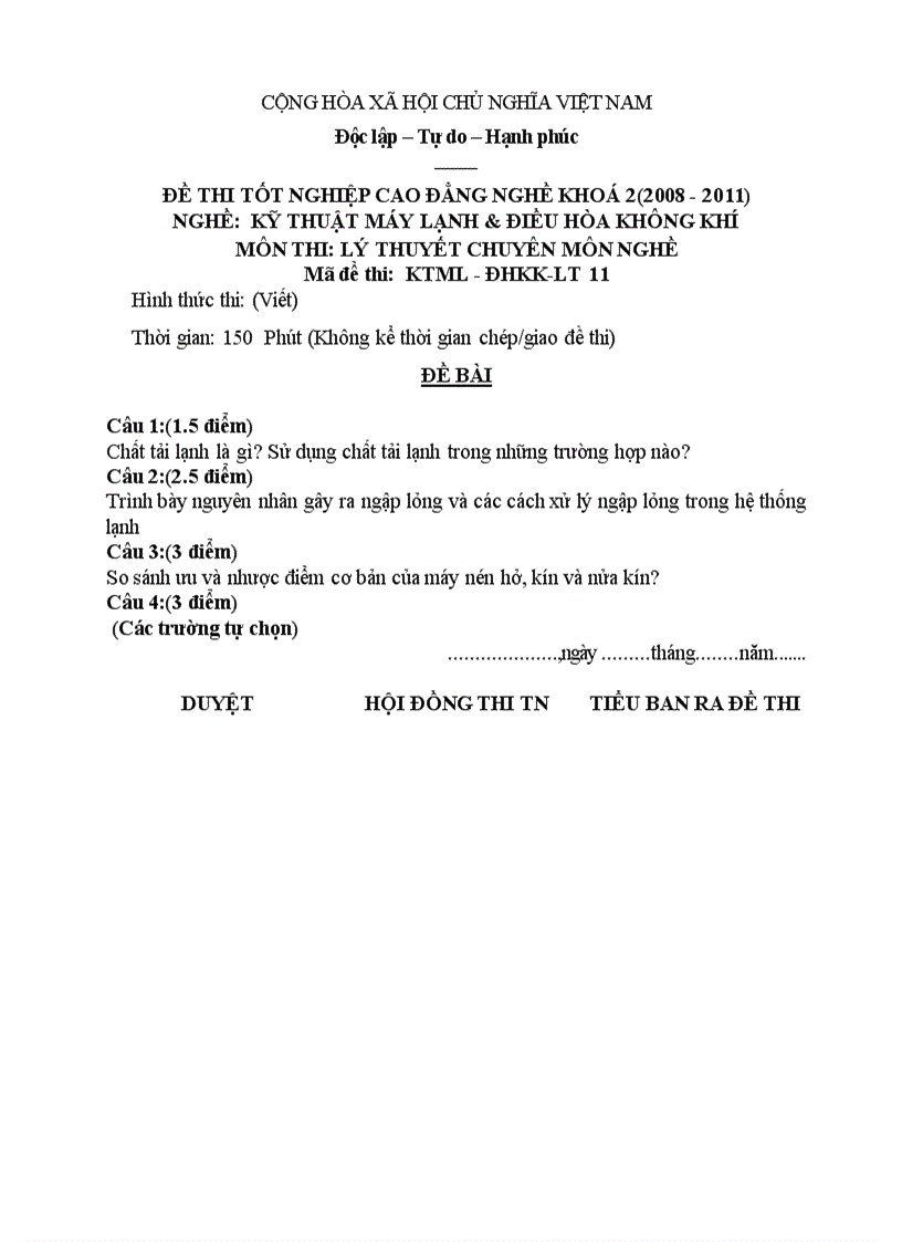 Đề thi tốt nghiệp cao đẳng nghề khóa 2 2008 2011 kĩ thuật máy lạnh và điều hòa không khí Lí thuyết Tình huống hướng dẫn giải 11 1