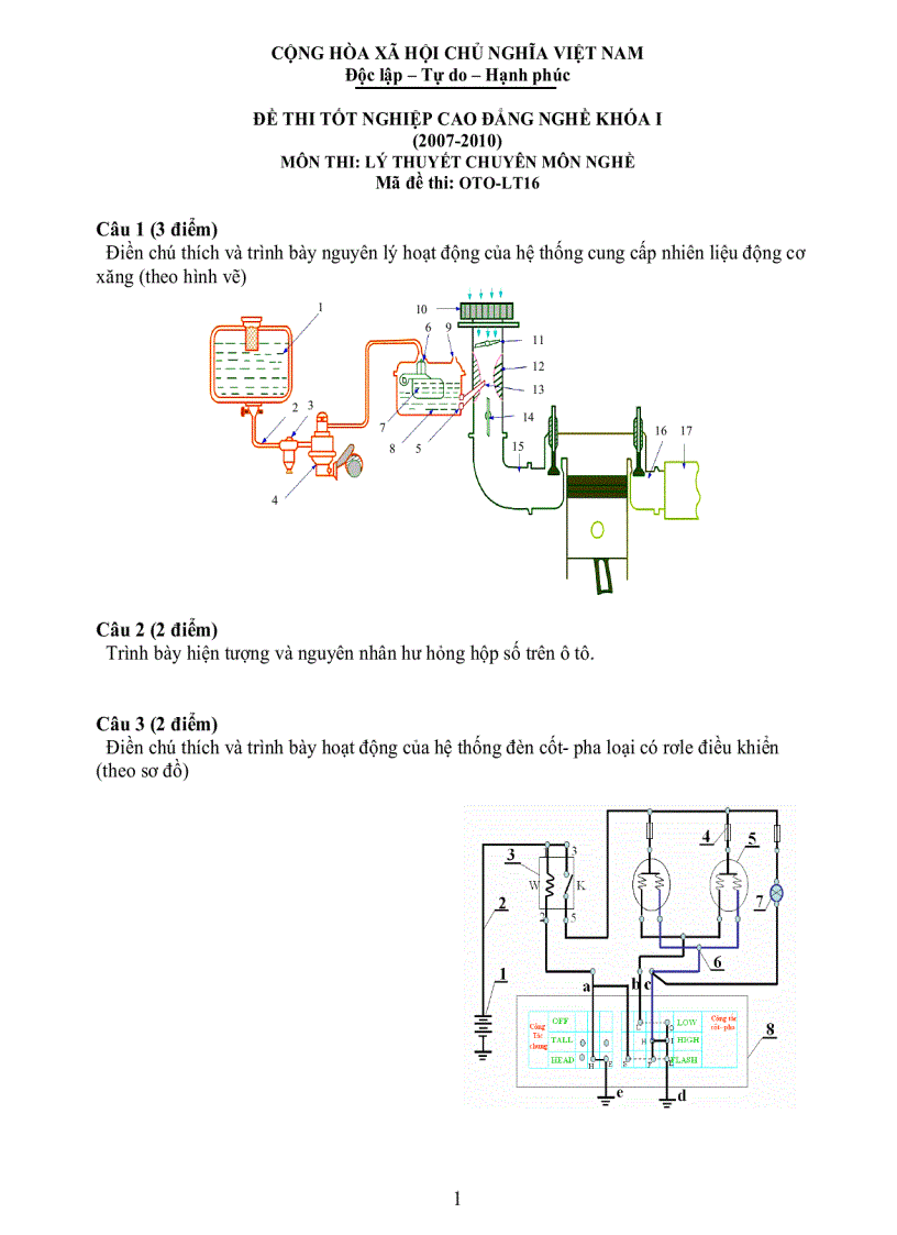Đề thi lý thuyết công nghệ ô tô 16