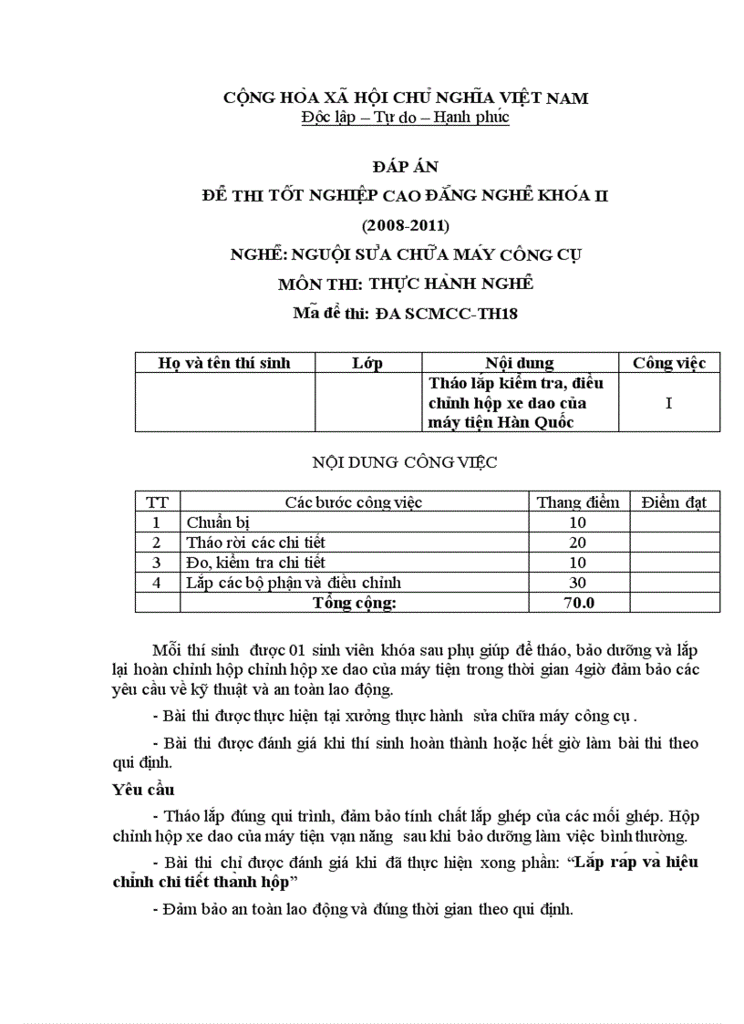 Đề thi TNCĐ nghề nguội sửa chữa máy công cụ 2008 2011 lí thuyết thực hành hướng dẫn giải 18 1