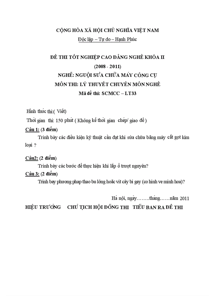 Đề thi TNCĐ nghề nguội sửa chữa máy công cụ 2008 2011 lí thuyết thực hành hướng dẫn giải 33 2