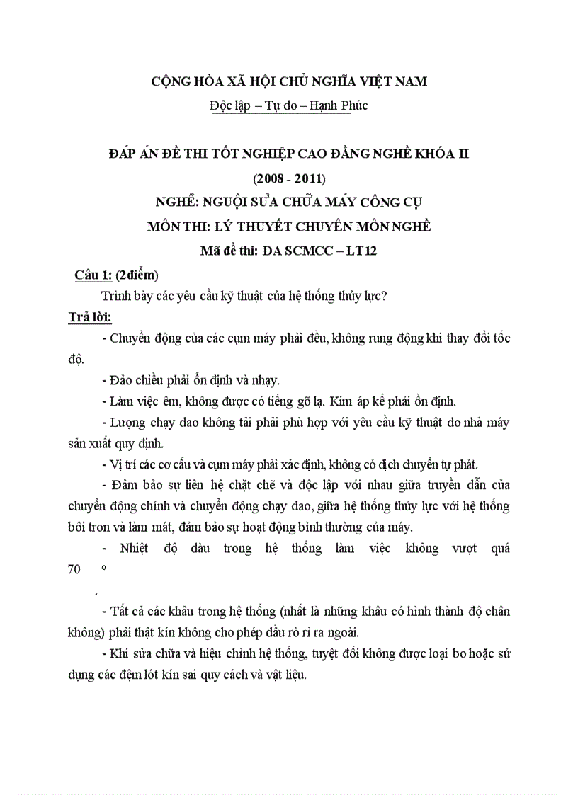 Đề thi TNCĐ nghề nguội sửa chữa máy công cụ 2008 2011 lí thuyết thực hành hướng dẫn giải 12