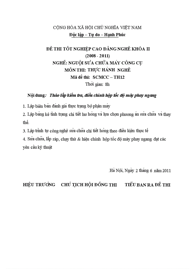 Đề thi TNCĐ nghề nguội sửa chữa máy công cụ 2008 2011 lí thuyết thực hành hướng dẫn giải 12 3