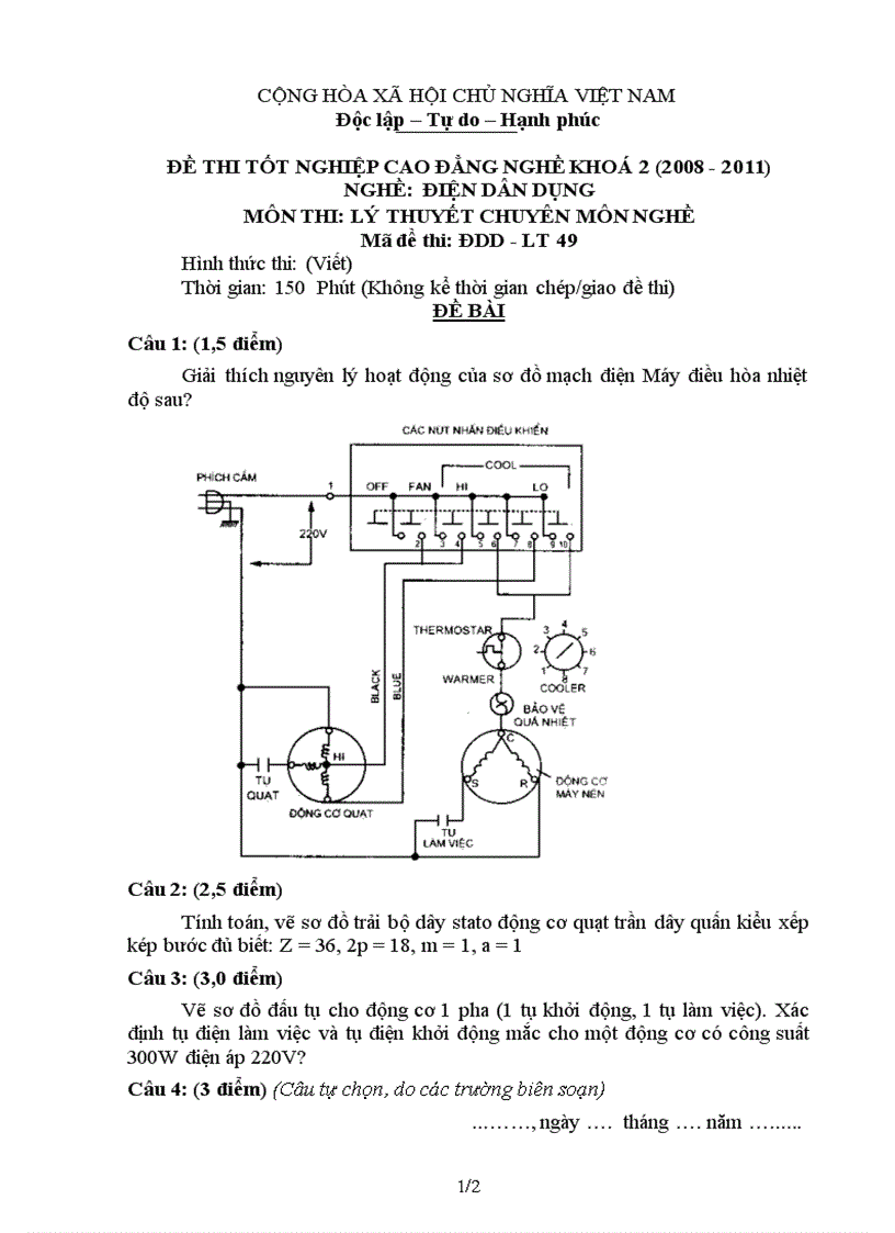 Đề thi tốt nghiệp cao đẳng nghề khóa 2 2008 2011 lý thuyết điện dân dụng lt49 1