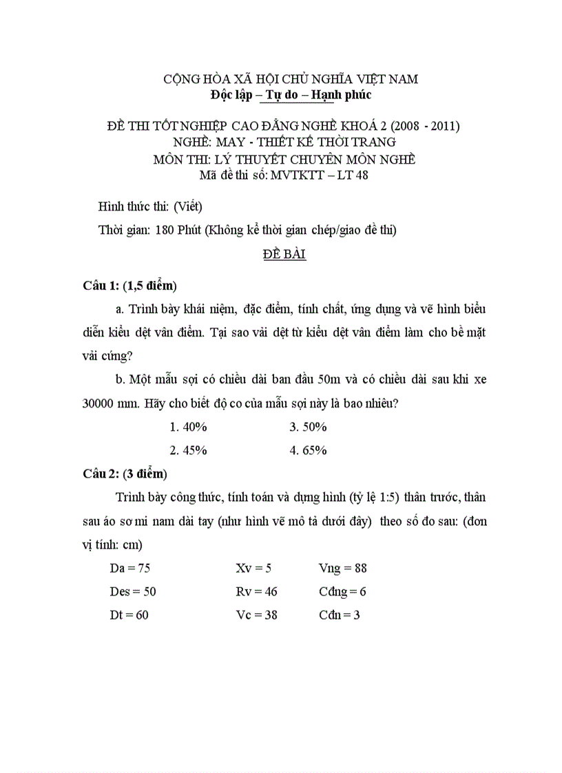 Đề thi tốt nghiệp cao đẳng nghề khóa 2 2008 2011 May thiết kế thời trang Lí thuyết thực hành Hướng dẫn giải 48 1
