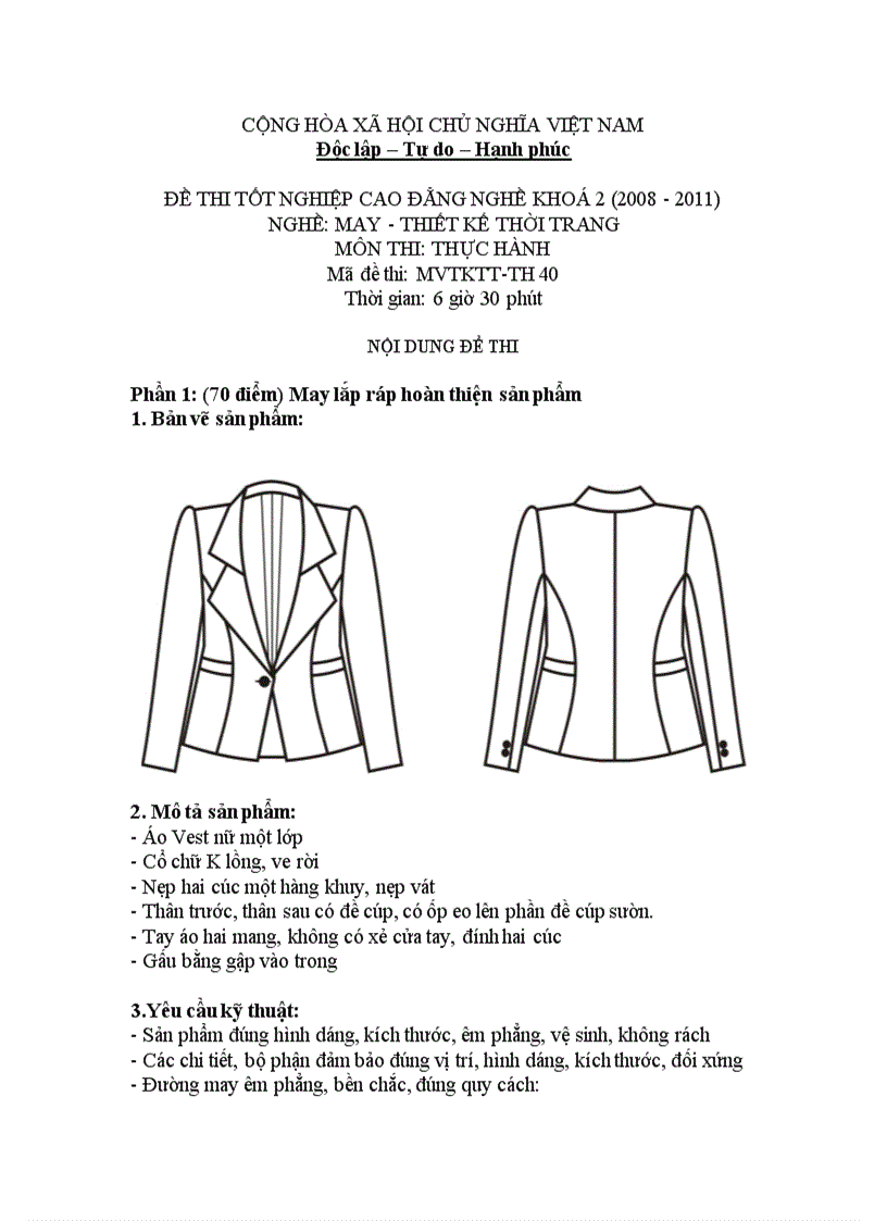 Đề thi tốt nghiệp cao đẳng nghề khóa 2 2008 2011 May thiết kế thời trang Lí thuyết thực hành Hướng dẫn giải 40 2