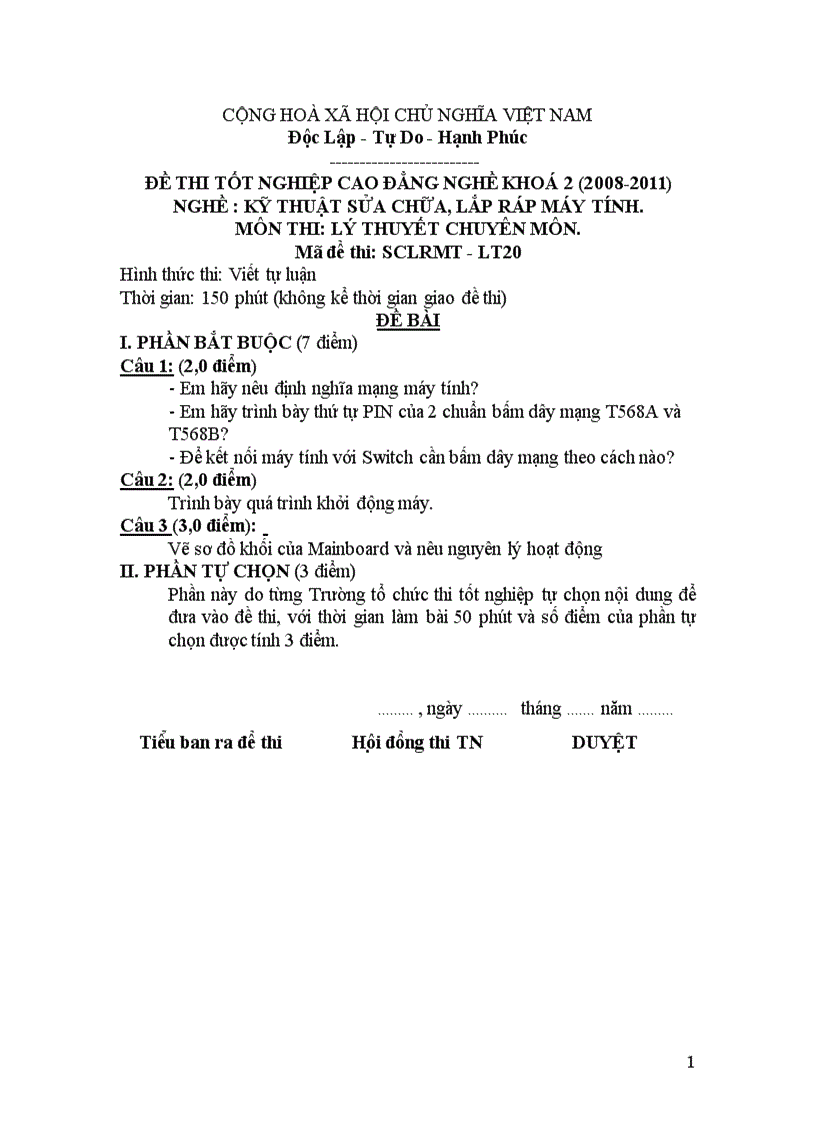 Đề thi tốt nghiệp cao đẳng nghề khoá 2 2008 2011 nghề Kỹ thuật sửa chữa lắp ráp máy tính môn thi Lý thuyết chuyên môn nghề có đáp án 20 1