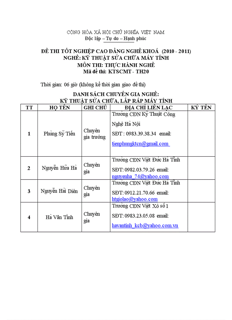Đề thi tốt nghiệp cao đẳng nghề khoá 2 2008 2011 nghề Kỹ thuật sửa chữa lắp ráp máy tính môn thi Lý thuyết chuyên môn nghề có đáp án 20