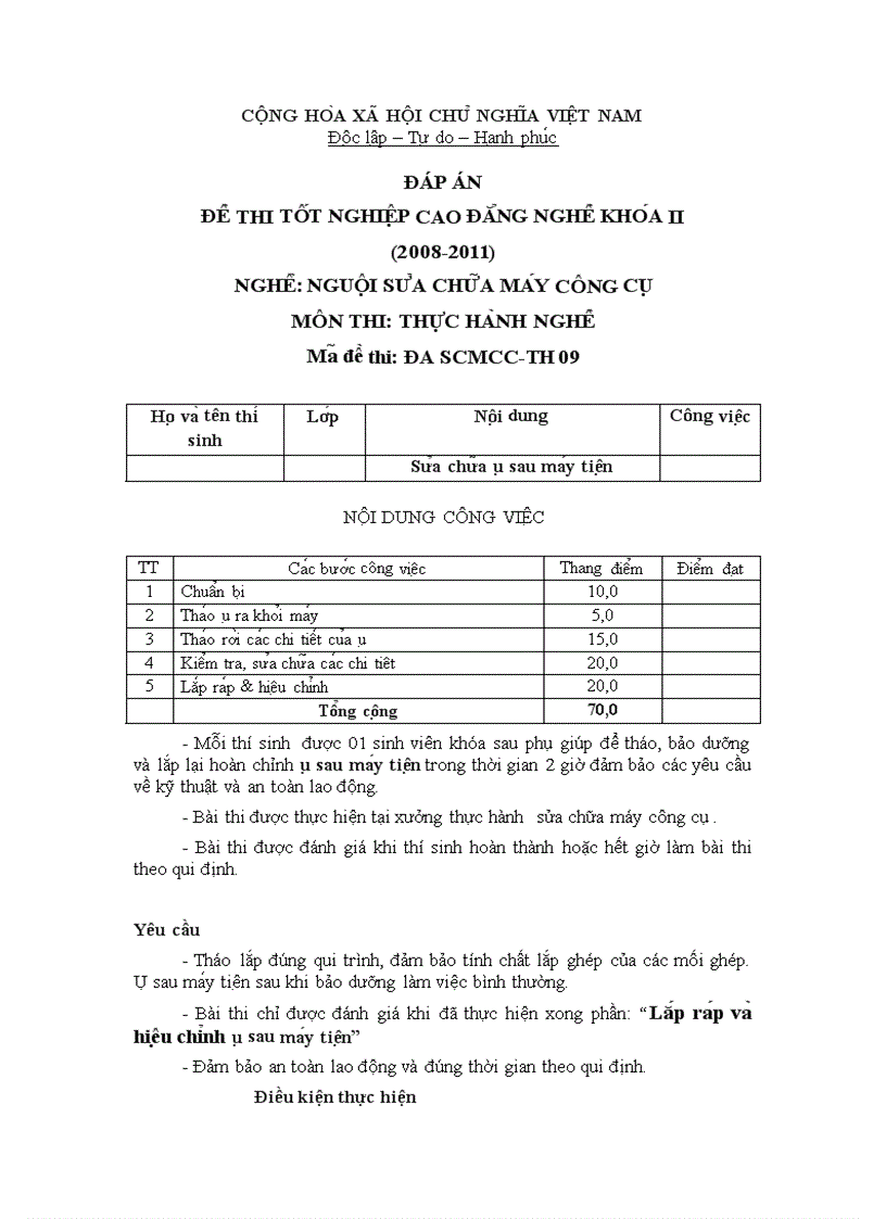 Đề thi tốt nghiệp cao đẳng nghề khóa 2 2008 2011 Nguôi sửa chữa máy công cụ Lí thuyết Tình huống hướng dẫn giải 09 1