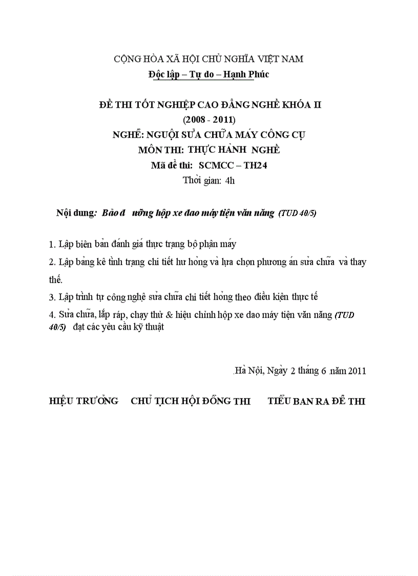 Đề thi TNCĐ nghề nguội sửa chữa máy công cụ 2008 2011 lí thuyết thực hành hướng dẫn giải 24 3