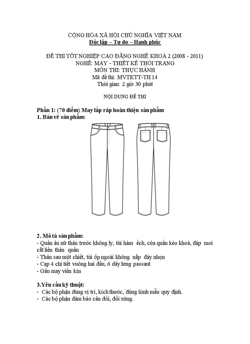 Đề thi tốt nghiệp cao đẳng nghề khóa 2 2008 2011 Thiết kế thời trang Lí thuyết thực hành Hướng dẫn giải 14 2
