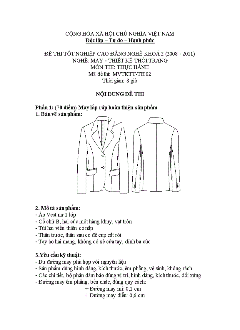 Đề thi tốt nghiệp cao đẳng nghề khóa 2 2008 2011 Thiết kế thời trang Lí thuyết thực hành Hướng dẫn giải 02 2