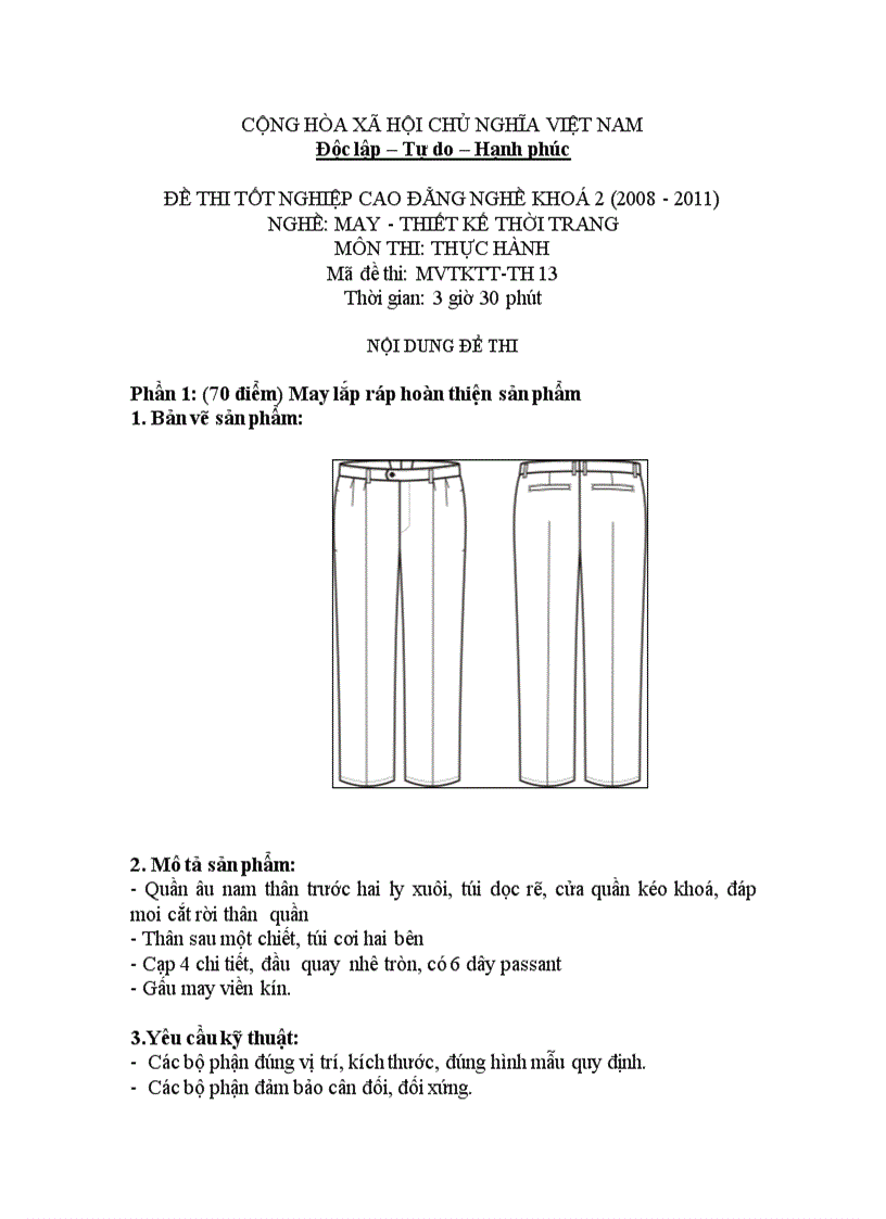 Đề thi tốt nghiệp cao đẳng nghề khóa 2 2008 2011 Thiết kế thời trang Lí thuyết thực hành Hướng dẫn giải 13 2