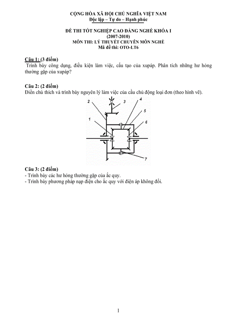 Đề thi lý thuyết công nghệ ô tô 6