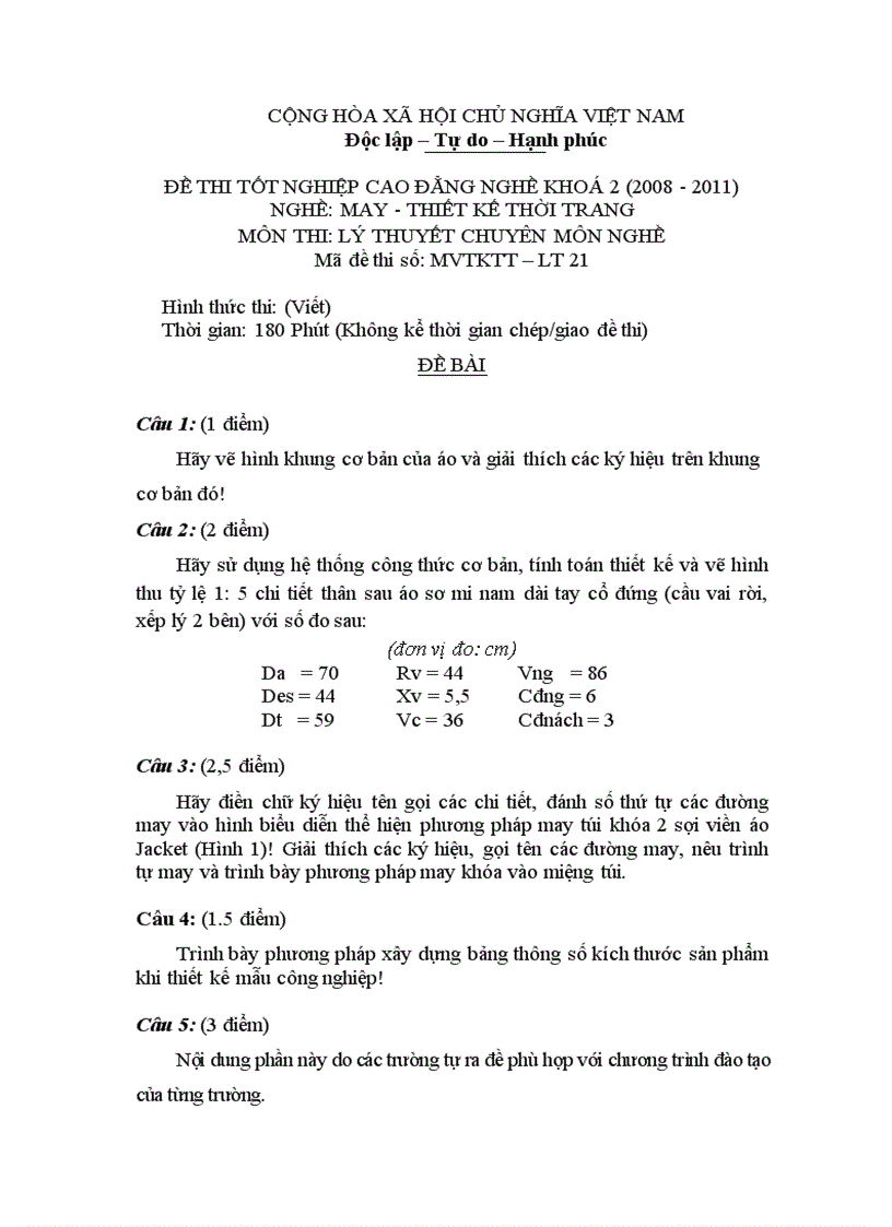 Đề thi tốt nghiệp cao đẳng nghề khóa 2 2008 2011 May thiết kế thời trang Lí thuyết thực hành Hướng dẫn giải 21 1