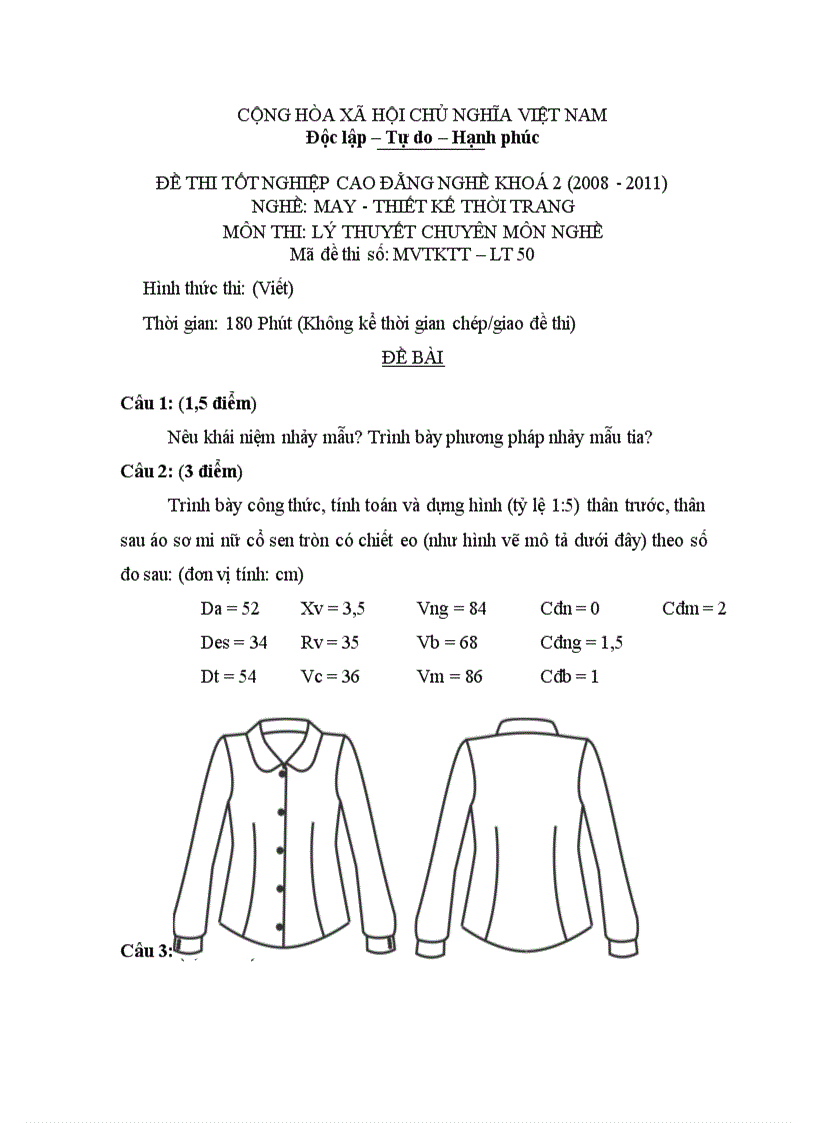 Đề thi tốt nghiệp cao đẳng nghề khóa 2 2008 2011 May thiết kế thời trang Lí thuyết thực hành Hướng dẫn giải 50 1