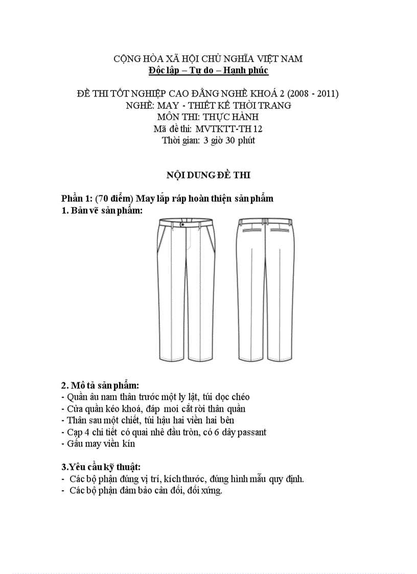 Đề thi tốt nghiệp cao đẳng nghề khóa 2 2008 2011 Thiết kế thời trang Lí thuyết thực hành Hướng dẫn giải 12 2