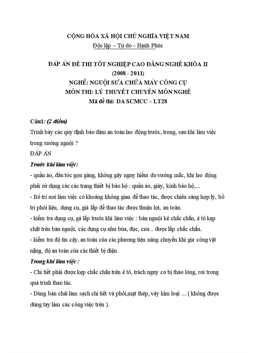 Đề thi TNCĐ nghề nguội sửa chữa máy công cụ 2008 2011 lí thuyết thực hành hướng dẫn giải 28