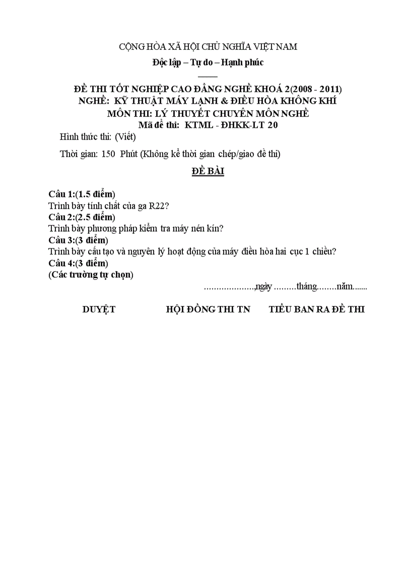 Đề thi tốt nghiệp cao đẳng nghề khóa 2 2008 2011 kĩ thuật máy lạnh và điều hòa không khí Lí thuyết Tình huống hướng dẫn giải 20 1