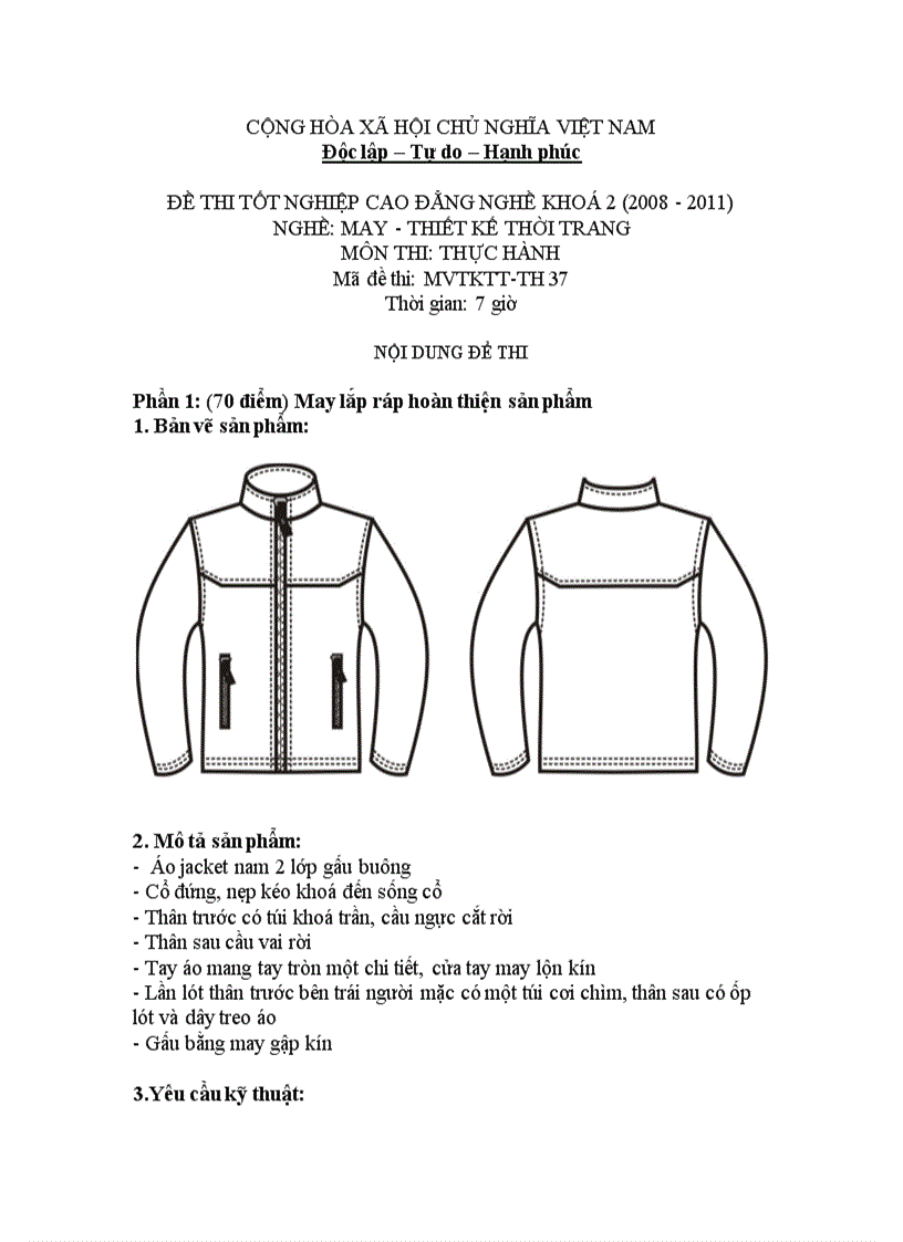 Đề thi tốt nghiệp cao đẳng nghề khóa 2 2008 2011 May thiết kế thời trang Lí thuyết thực hành Hướng dẫn giải 37 2