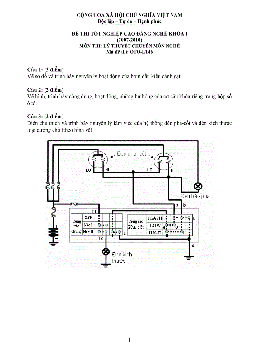 Đề thi lý thuyết công nghệ ô tô 46