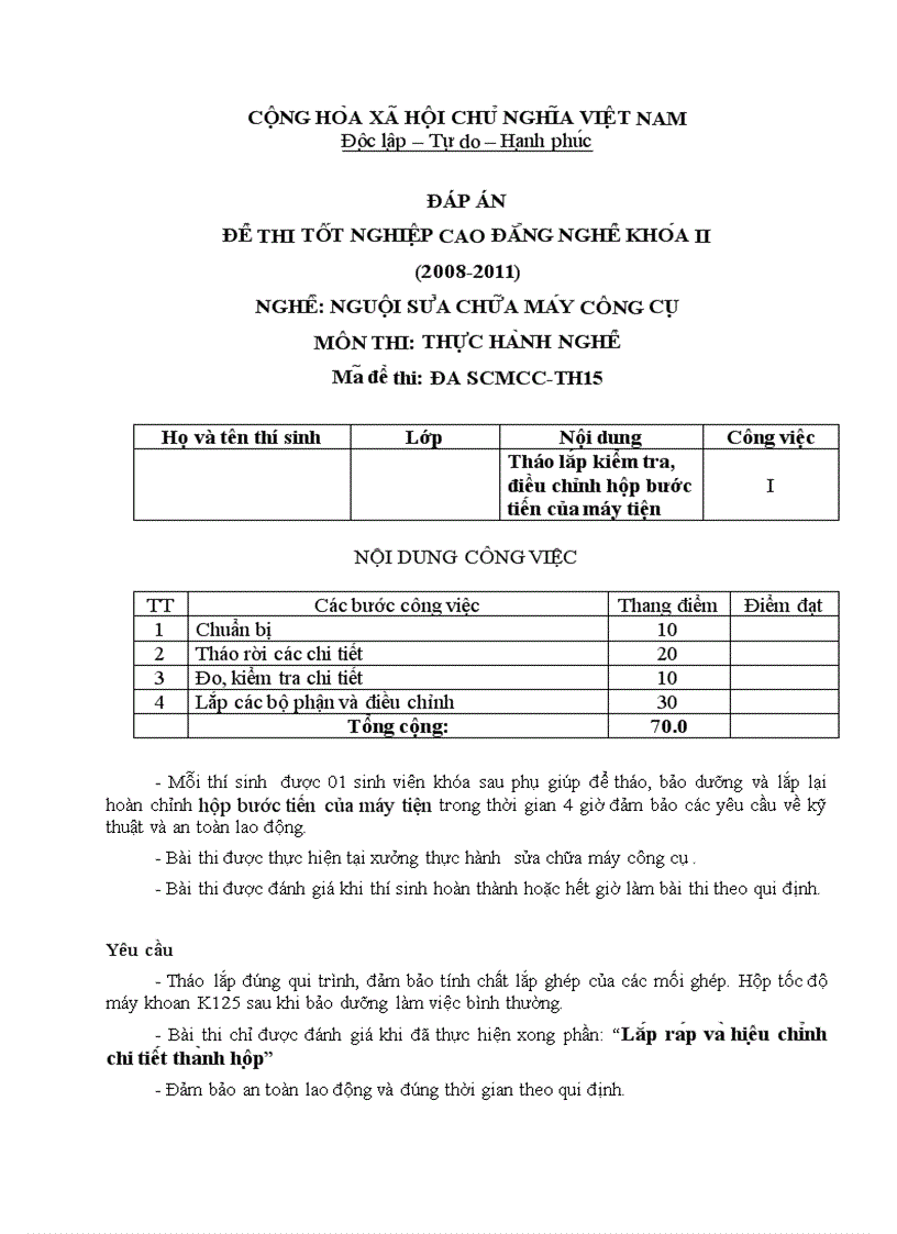 Đề thi TNCĐ nghề nguội sửa chữa máy công cụ 2008 2011 lí thuyết thực hành hướng dẫn giải 15 1
