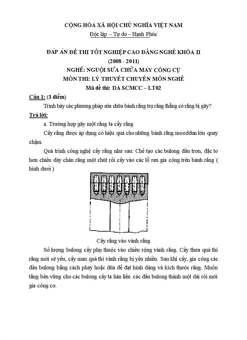 Đề thi tốt nghiệp cao đẳng nghề khóa 2 2008 2011 Nguôi sửa chữa máy công cụ Lí thuyết Tình huống hướng dẫn giải 02