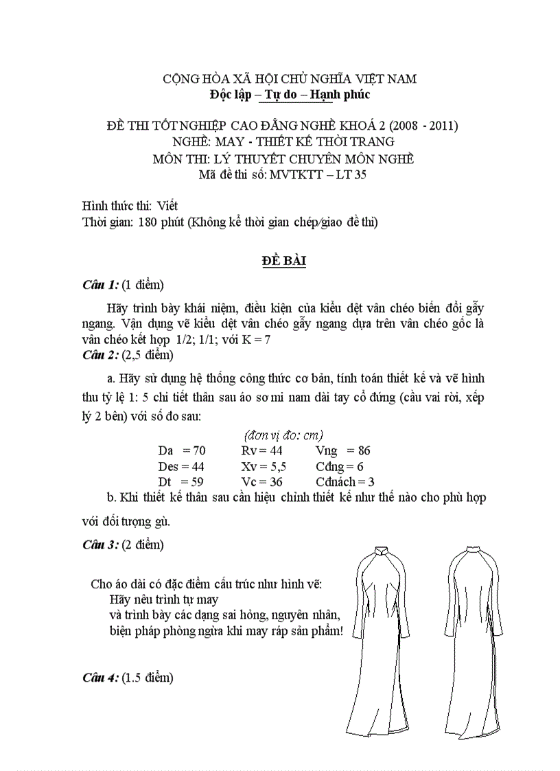 Đề thi tốt nghiệp cao đẳng nghề khóa 2 2008 2011 May thiết kế thời trang Lí thuyết thực hành Hướng dẫn giải 35 1